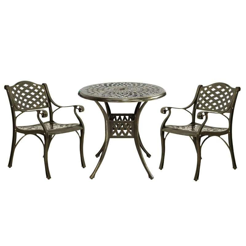 Darby Home Co 3 Piece Patio Bistro Set, Outdoor All-Weather Cast Aluminum Dining Furniture Set Includes 2 Chairs And A 31" Round Table With Umbrella Hole For Garden Deck
