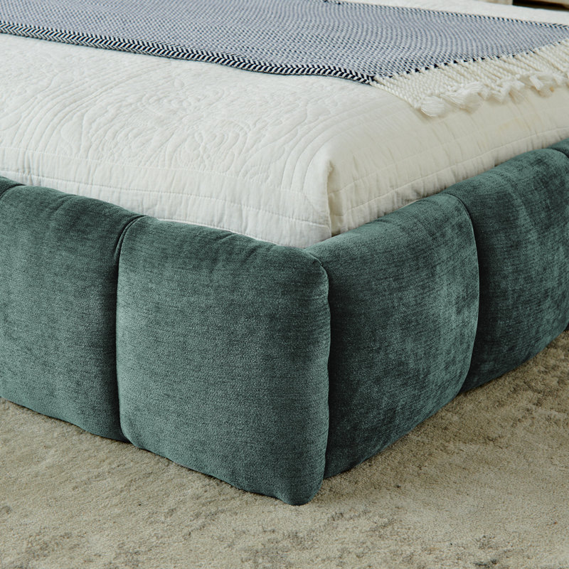 Très grand lit californien rembourré avec tissu épais, tête de lit et cadre uni Lillie, Bleu et vert