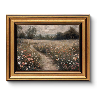Vintage Wildflower Path Landscape Painting Framed Wall Art - Gold Framed Floral Countryside Artwork for Living Room, Bedroom & Kitchen