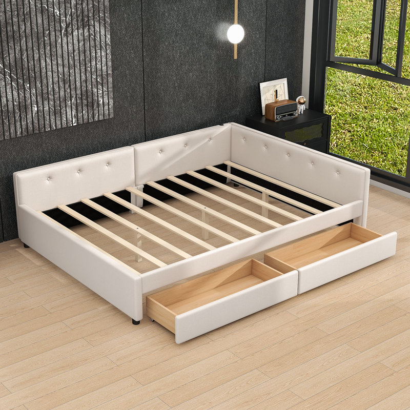 Lit de jour rembourré en bois 2 tiroirs avec ports USB, Grand lit