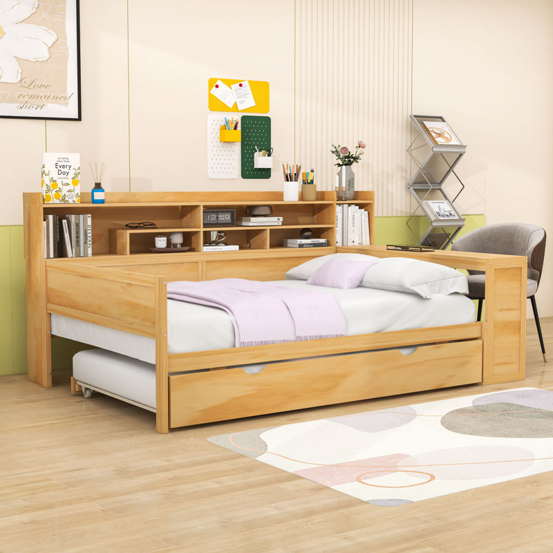 Wooden Daybed with Twin Trundle, Storage Shelves, Full / Double, Natural
