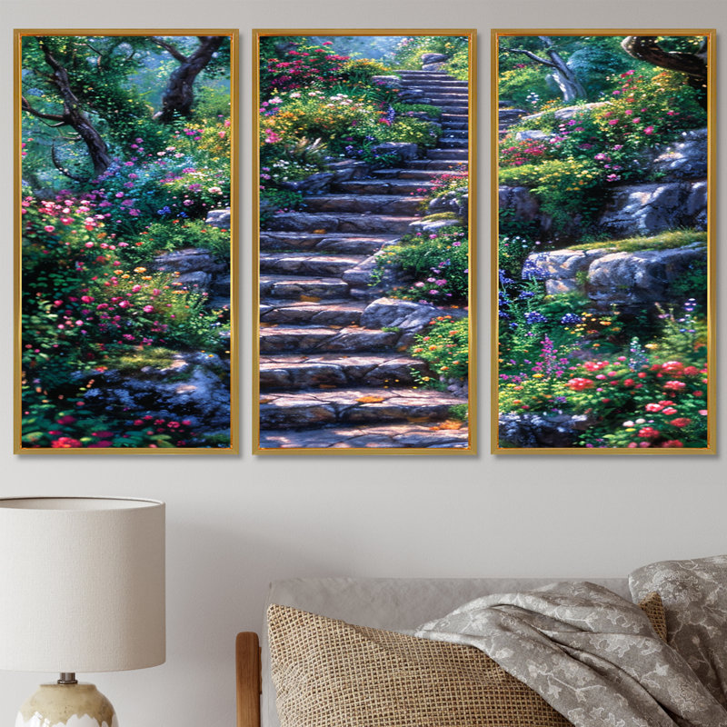 Country Side Stairs With Blossoming Flowers - Flower Field Wall Art Print Set, Gold Floater Framed, 40" H x 60" W x 1" D