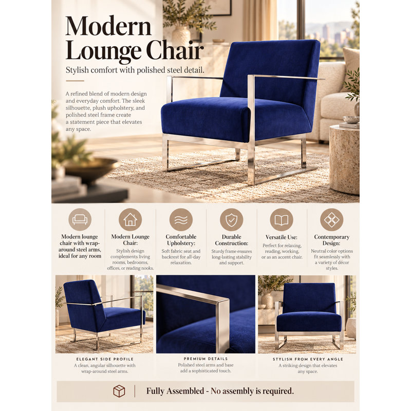     Pangea Home Dexter 27.5" Wide Velvet Armchair Lounge Chair – Modern Upholstered Accent Chair for Living Room, Bedroom, or Office - Navy Chair with Silver Legs