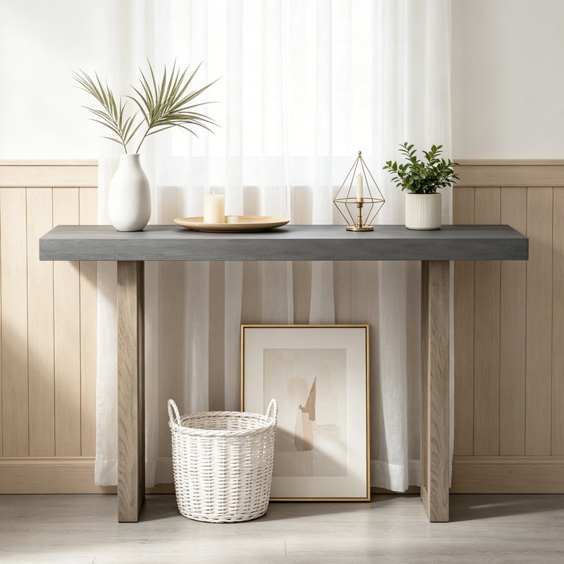 Unique Oak Veneer Console Table With Special Side Profile For Hallway & Foyer, Gray