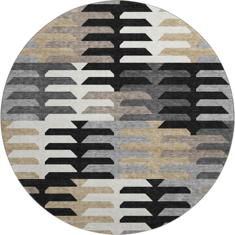 Premium Machine Washable Mayfield AMF2328 Geometric Rug, 8' Round, Black