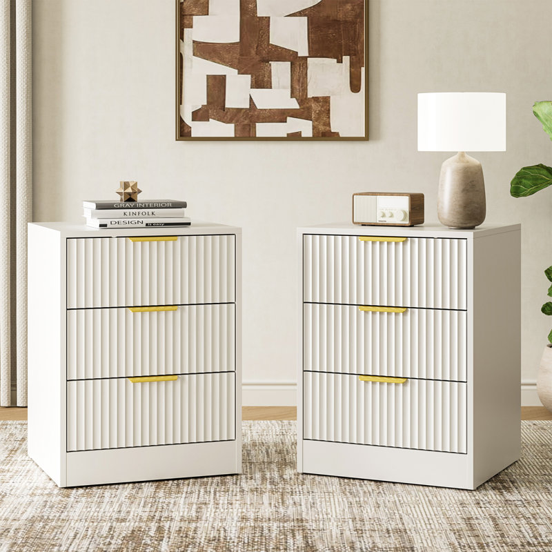 Table de chevet cannelée avec 3 tiroirs de rangement, Blanc, 3