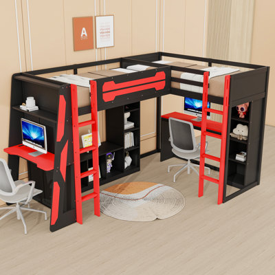 Twin Wood L-Shaped Loft Bed with RGB LED Lights, USB Ports and Storage Shelves