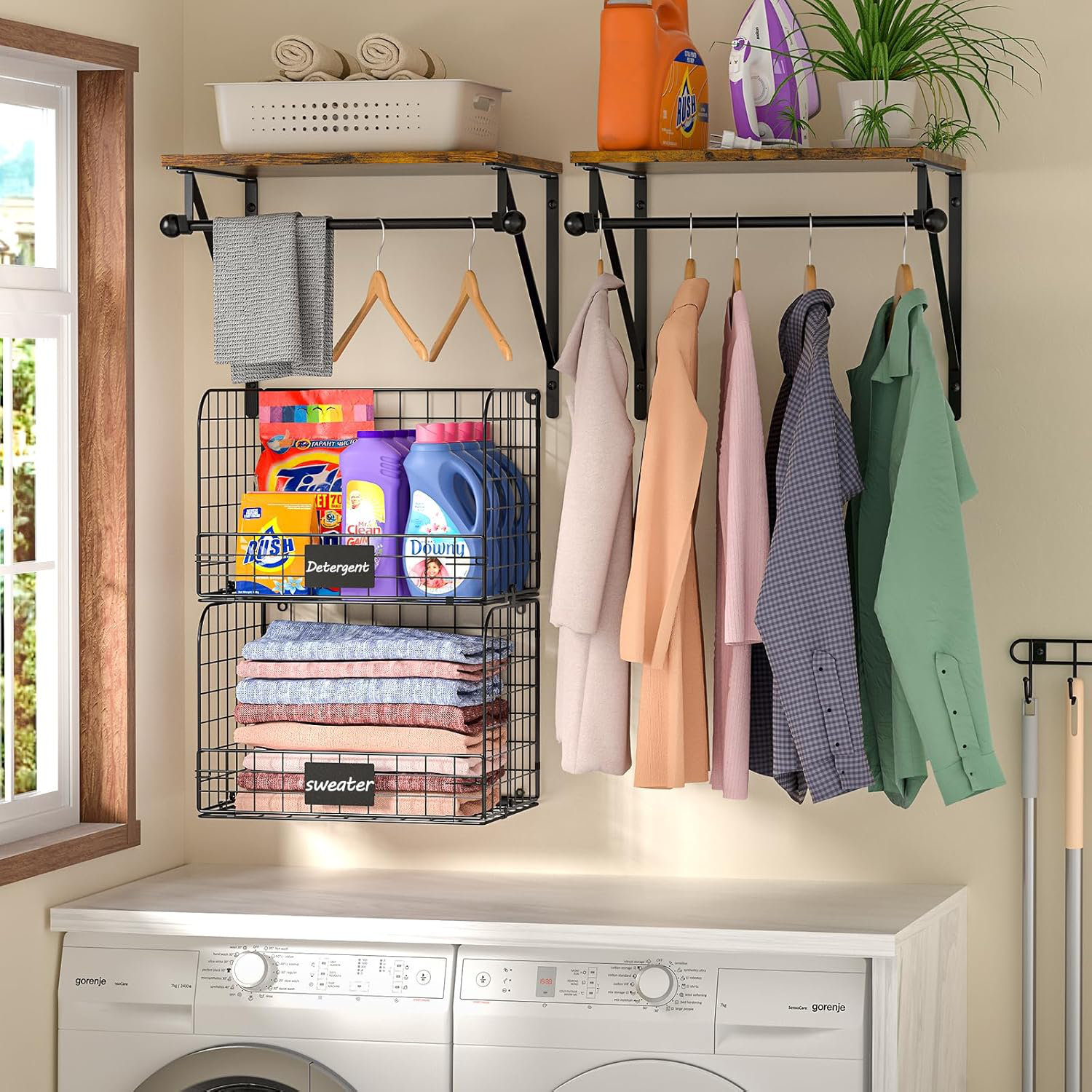 Shimano Laundry Room Shelves Wall Mounted With Wire Baskets, Over The