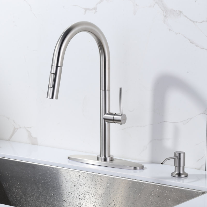 Gooseneck High Arc Single Handle Pull Down Kitchen Faucet With 2 Modes Sprayer And Soap Dispenser In Brushed Gold, Chrome