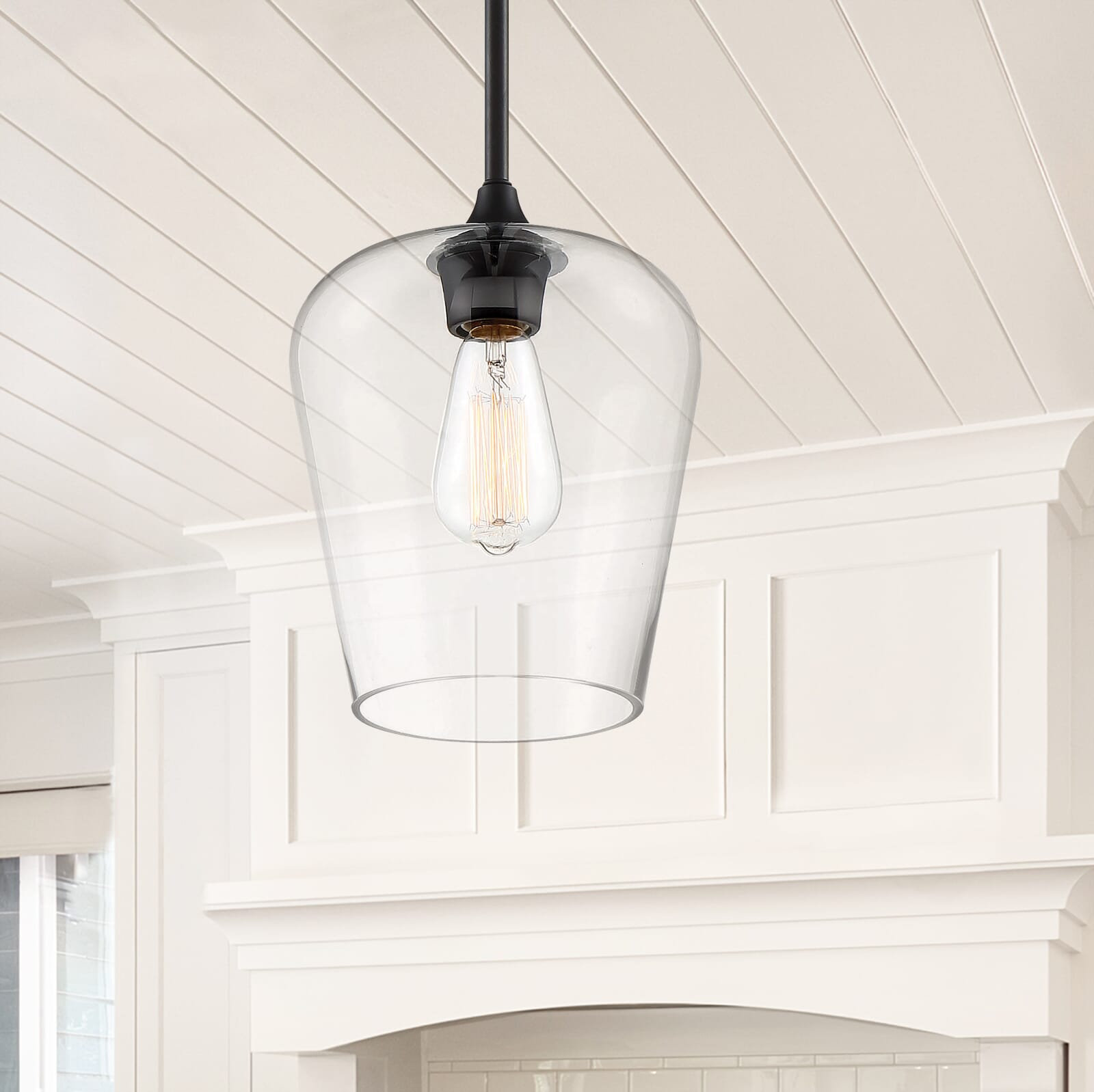 Breena Dimmable Single Light Pendant, Clear, Matte Black