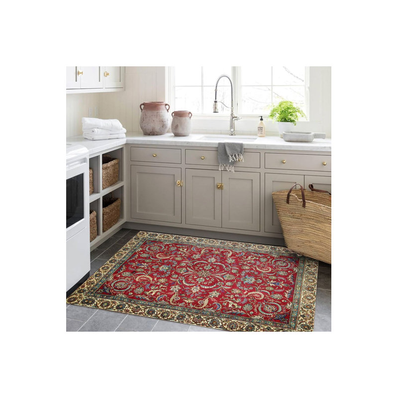 Tapis rouge lavable à motif floral et traditionnel rouge, Tapis de couloir 2 pi 6 po x 9 pi 10 po inclus