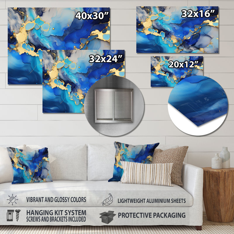 Décoration murale abstraite bleue et dorée «I» - fractales en métal, H 30 po x l 40 po x P 1 po