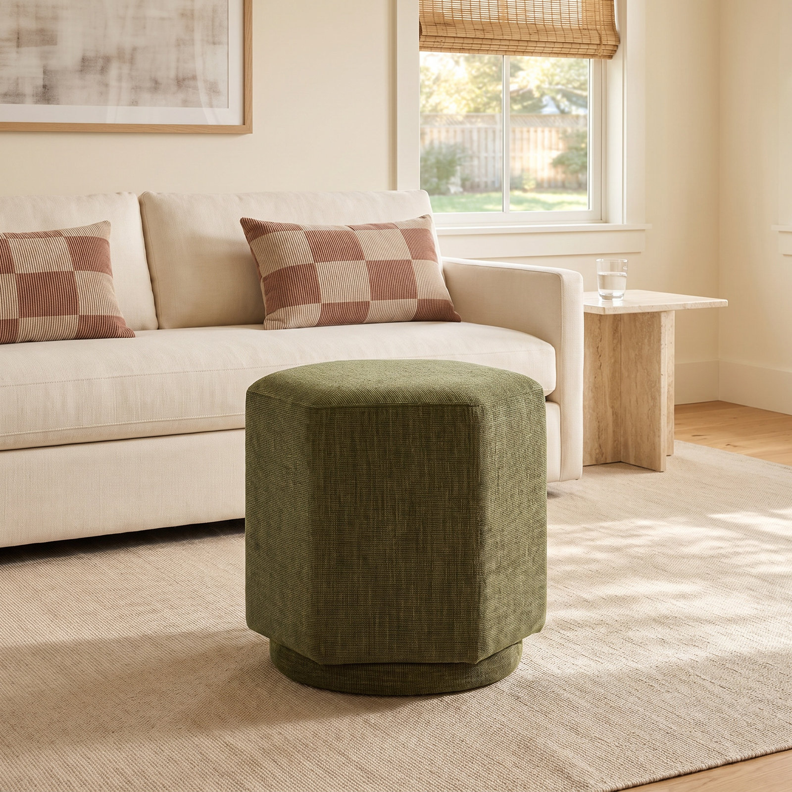 Hexad Upholstered Ottoman, Green Chenille