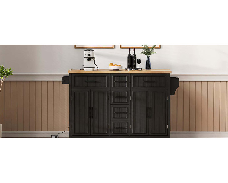 Îlot de cuisine 56,5 po avec rallonge, prise de courant, chariot de cuisine sur roulettes à rayures verticales en relief avec 4 portes, 5 tiroirs profonds et tablettes réglables, pour la cuisine, la salle à manger