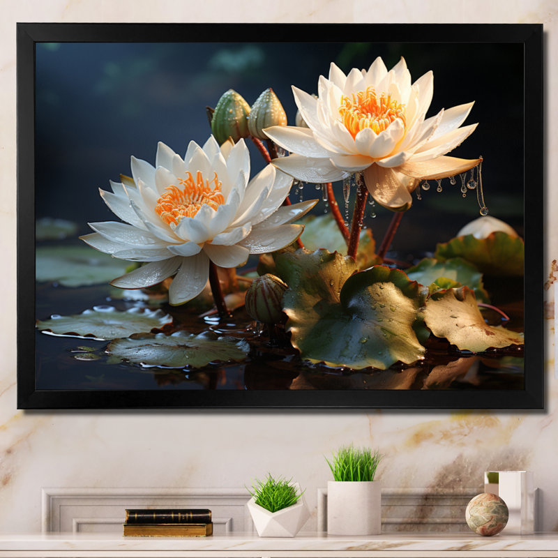 «White Yellow Lotus Field I» sur toile, Cadre simple noir, H 12 po x l 20 po x P 1 po