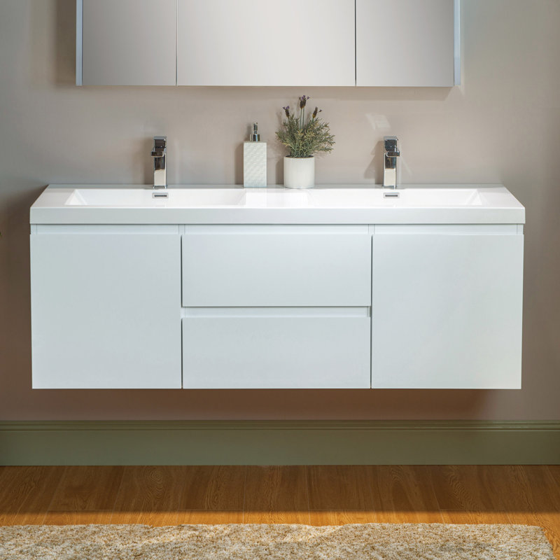 Meuble-lavabo mural flottant l 59 po x P 19,6 po avec comptoir en résine, Blanc, Blanc