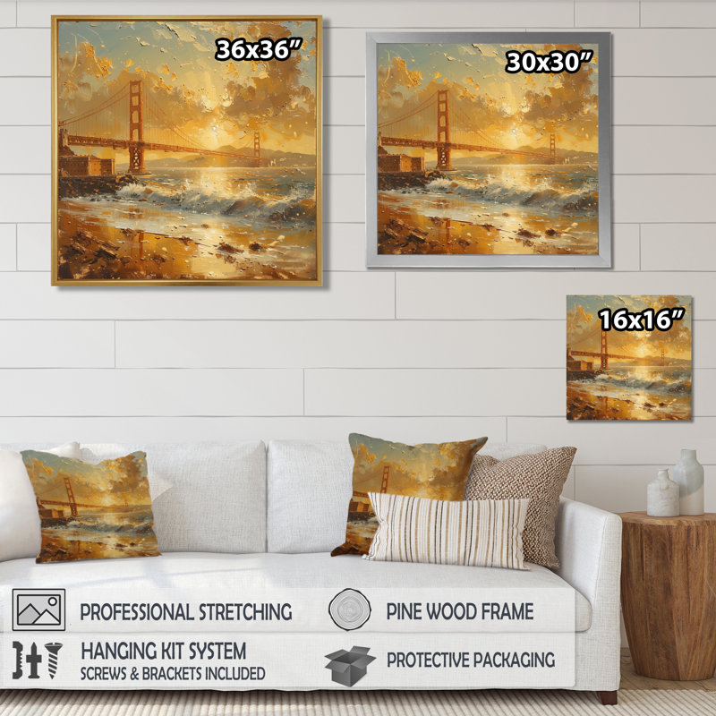 Jaune, jaune, coucher de soleil, Golden Gate Bridge, San Francisco - San Francisco, art sur toile, Toile tendue