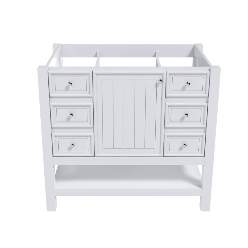Meuble-lavabo de 36 pouces, sans lavabo, avec une armoire et trois tiroirs, cadre en bois massif et panneau de fibres à densité moyenne, en blanc