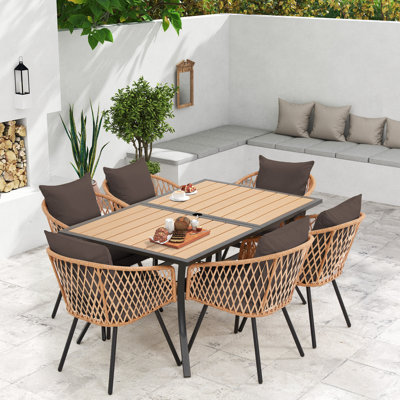  7-Piece Outdoor Dining Set With 6 Rattan Chairs, All-Weather Patio Table & Chairs For Backyard, Garden, Poolside