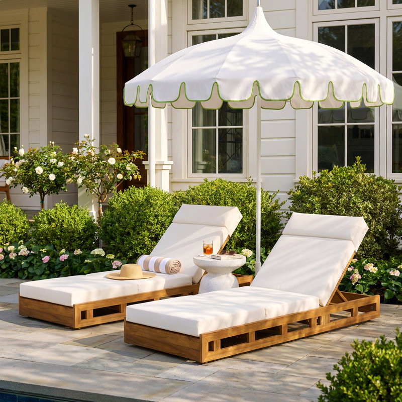 Chaise longue de patio réglable en bois d'acacia avec coussin Hofstetter, Crème, crème, 2