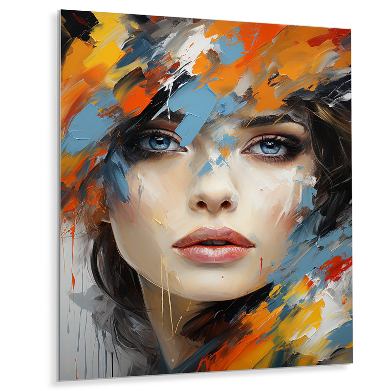 Glam orange beige collage V - mode art mural en métal salon, H 20 po x l 12 po x P 1 po