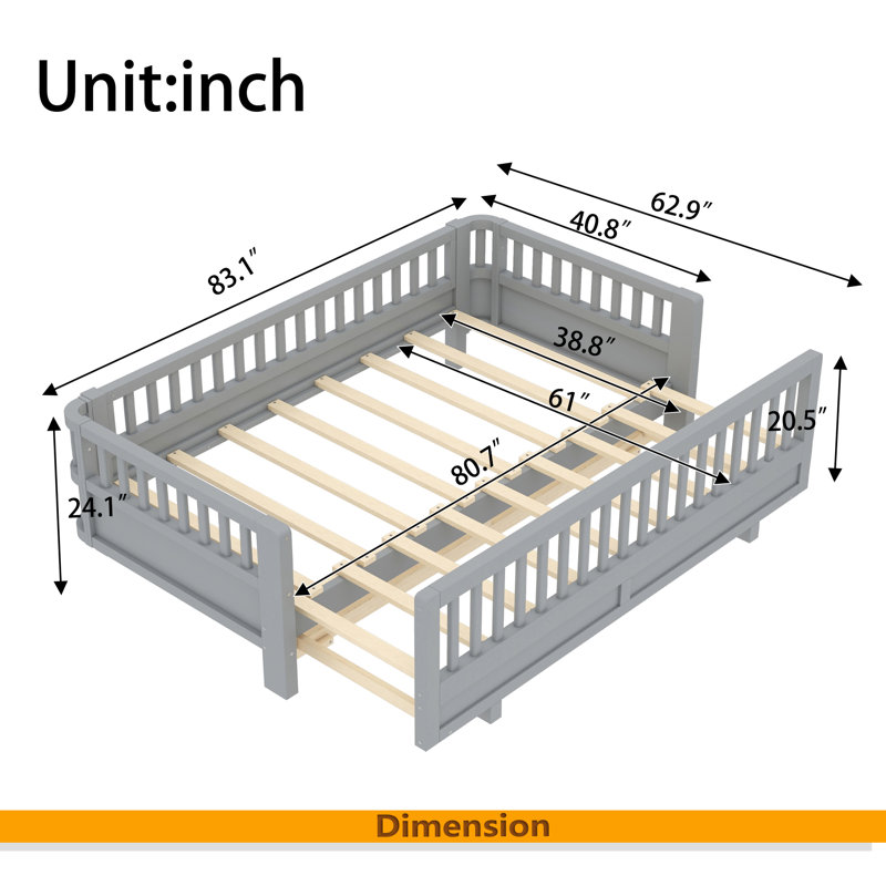 Lit plateforme avec garde-corps, structure de lit en bois massif, peut être converti en lit plateforme double, Gris
