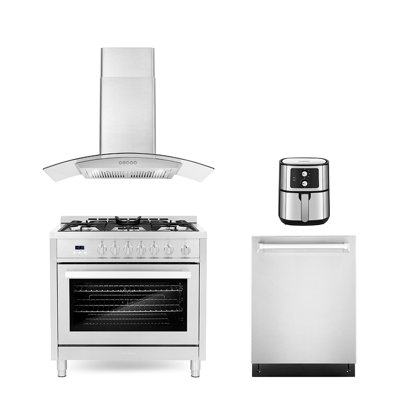 4 Piece Kitchen Appliance Package with 36"" Freestanding Gas Range 36"" Wall Mount Range Hood 24"" Built-in Fully Integrated Dishwasher, & 5.5L Electric -  Cosmo, COS-4PKG-580