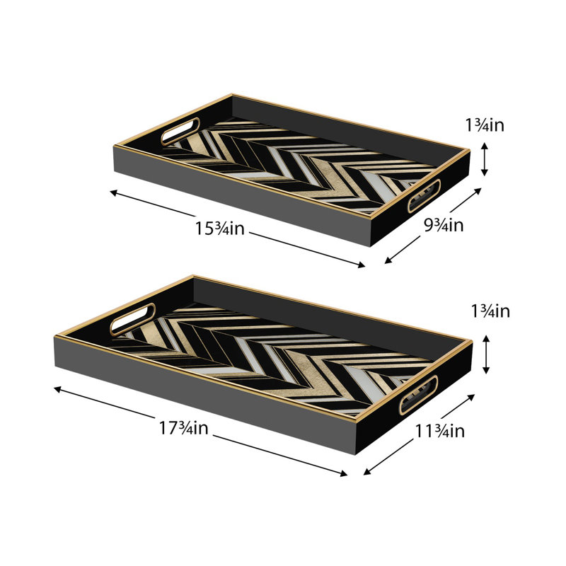 Savoy Black & Gold Art Deco Stackable Serving & Display Trays Set Of 2 (Abstract Chevrons)