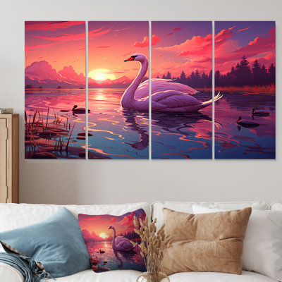 Indian Art Taj Mahal Sunset Swan - Art indien, art mural 4 pièces