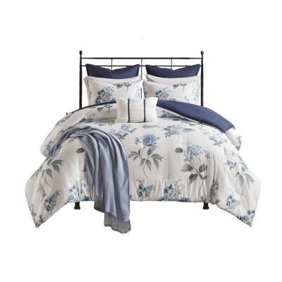 Blue Printed Seersucker Bedding For King/ King - , Casual Chic Style With Pillow Floral Accent