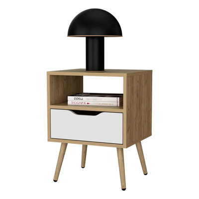 Natural Oak And White Nightstand With Drawer Open Shelf, 25 Lb, Bedroom Use One Space For Decor, 15.7 Inches Wide, Modern Aesthetic
