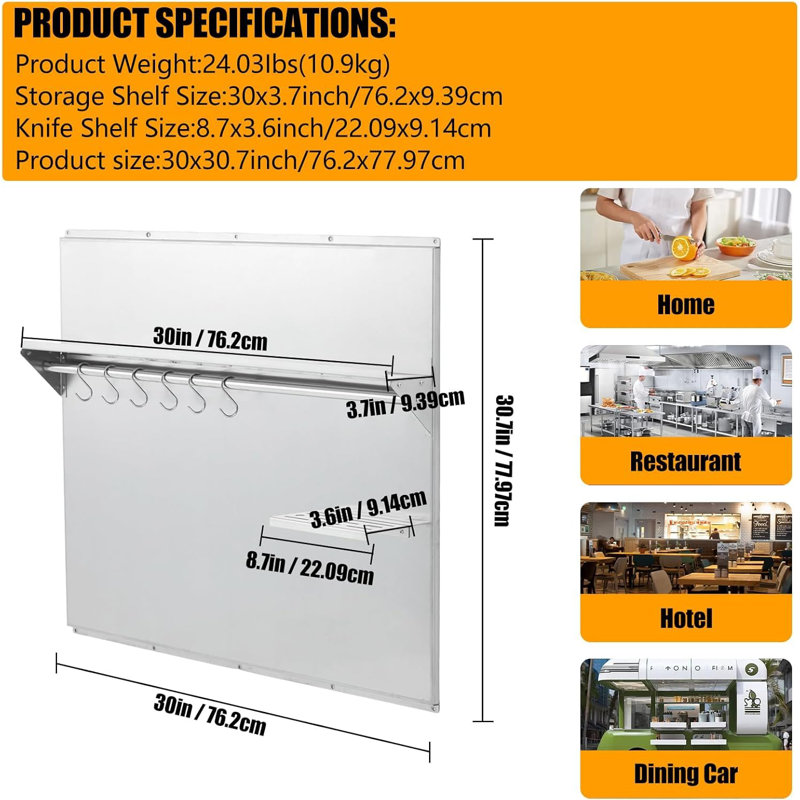 Panneau de dosseret de cuisinière commercial en acier inoxydable avec tablette et porte-couteaux - Résistant à la chaleur et aux graisses, facile à nettoyer, plaque de fixation murale prépercée - Support de fixation robuste - Dimensions : 76,2 x 78 cm