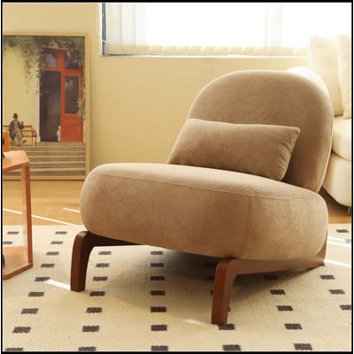 Cute Accent Chair with Solid Wood Legs, Velvet Living Room Chair with Soft Cushion, Cozy Bedroom Chair, Comfy Armless Reading Chair for Apartment, Waiting Room, Balcony (Camel)