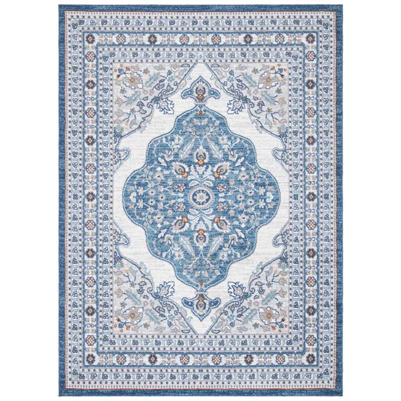 Tapis intérieur/extérieur bleu foncé/ivoire oriental Slesnick, Rectangle 5 pi 3 po x 7 pi 7 po