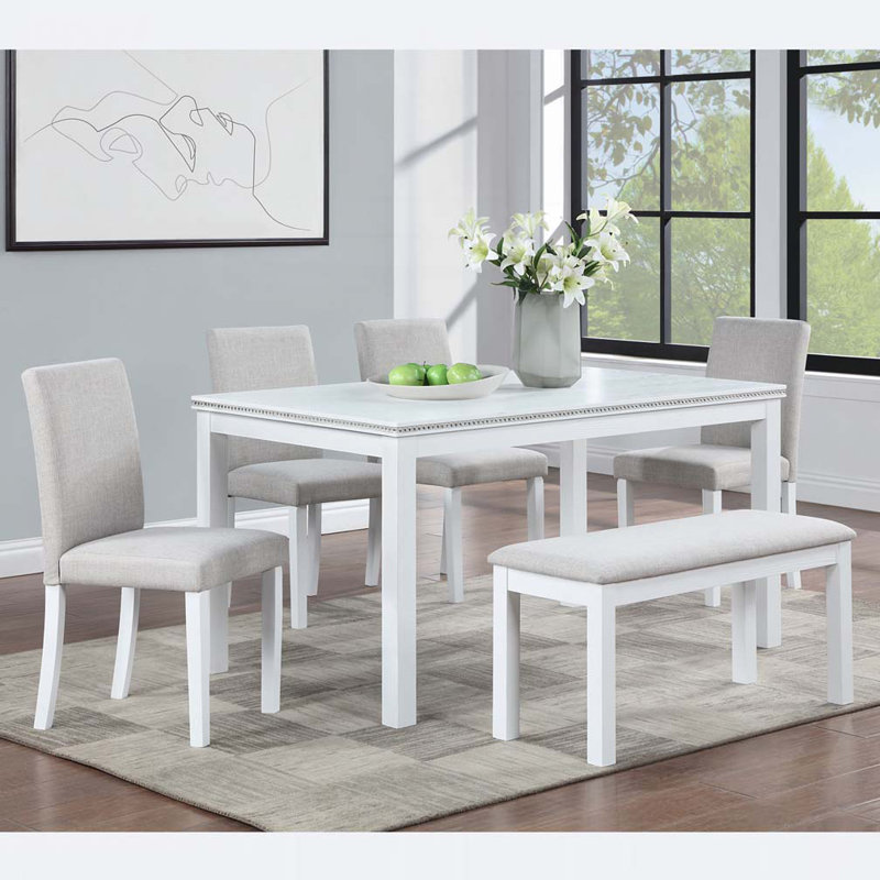 Ensemble de salle à manger Briaca, Blanc / gris clair, 6 pièces: table, banc, 4 chaises, H 30 po x l 58,5 po x P 34,5 po