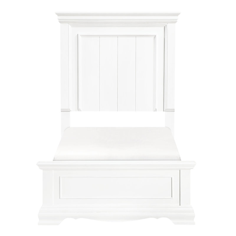 Élégant cadre de lit simple à panneau en blanc, comprenant une tête de lit et, pour une utilisation dans la chambre à coucher, un fond de teint blanc à détails décoratifs, une tête de lit, une chambre adaptée, un sommier tapissier,