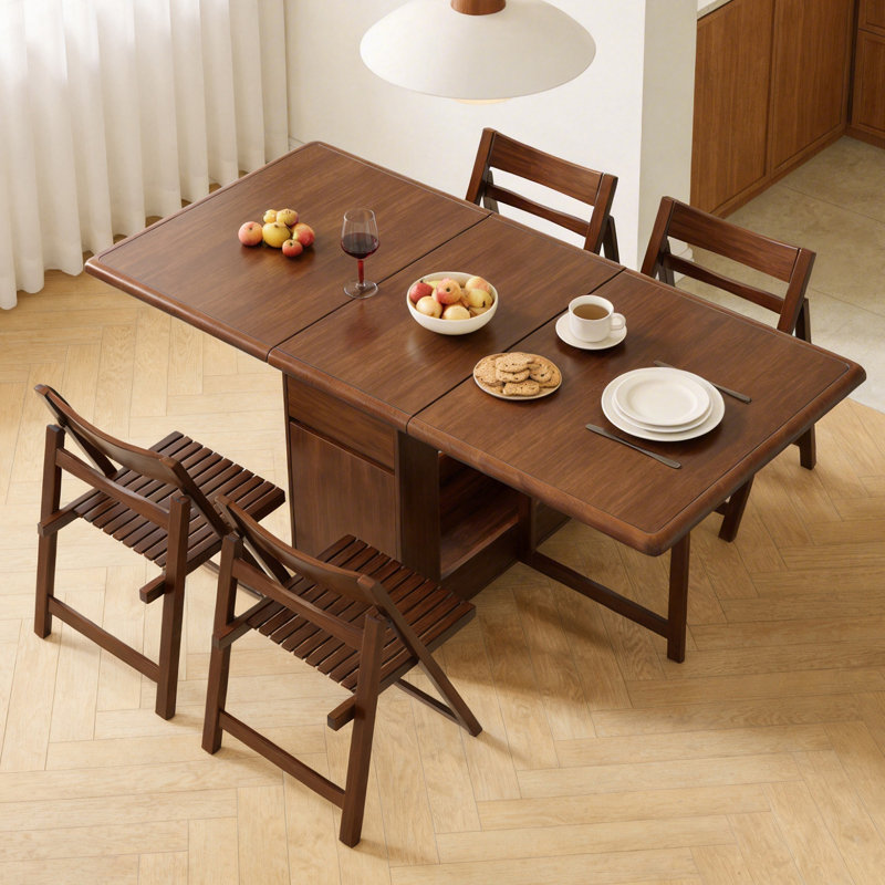 Fully Assembled Solid Wood Folding Dining Table With 4 Chairs, Walnut Finish, 2 Drawers And Casters