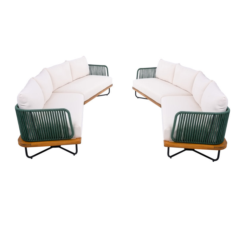 Canapé d'extérieur Jackston, 8, Beige Cushion/Green Rope Teak Frame