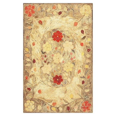 1880s Beige Floral Classic Folk Art Antique American Hooked Knotted Wool Rug