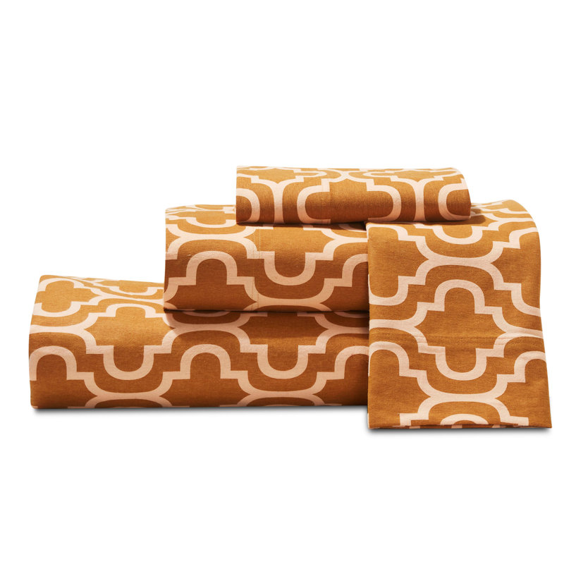 Blue Nile Mills Trellis 100% Cotton Flannel Deep Pocket Sheet Set, King Sheet Set with 2 Pillowcases, Pumpkin