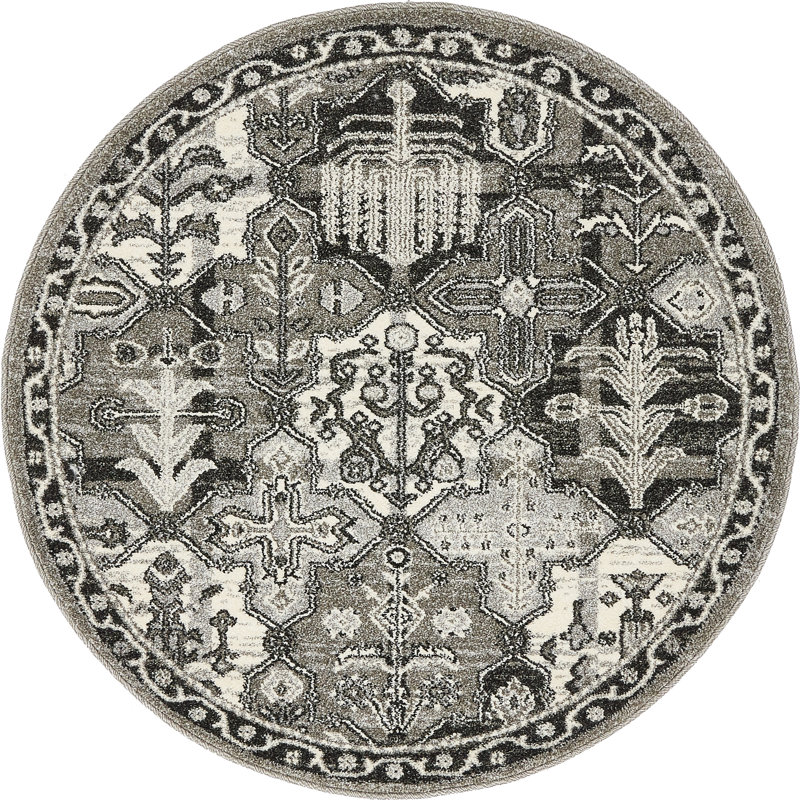 Tapis ivoire à motif géométrique Godina, Rond 3 pi 3 po