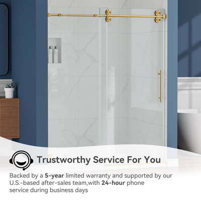 56"-60" W X 79" H Frameless Single Sliding Shower Door With 3/8" SGCC Tempered Glass and Stainless Steel Accessories, Brushed Gold