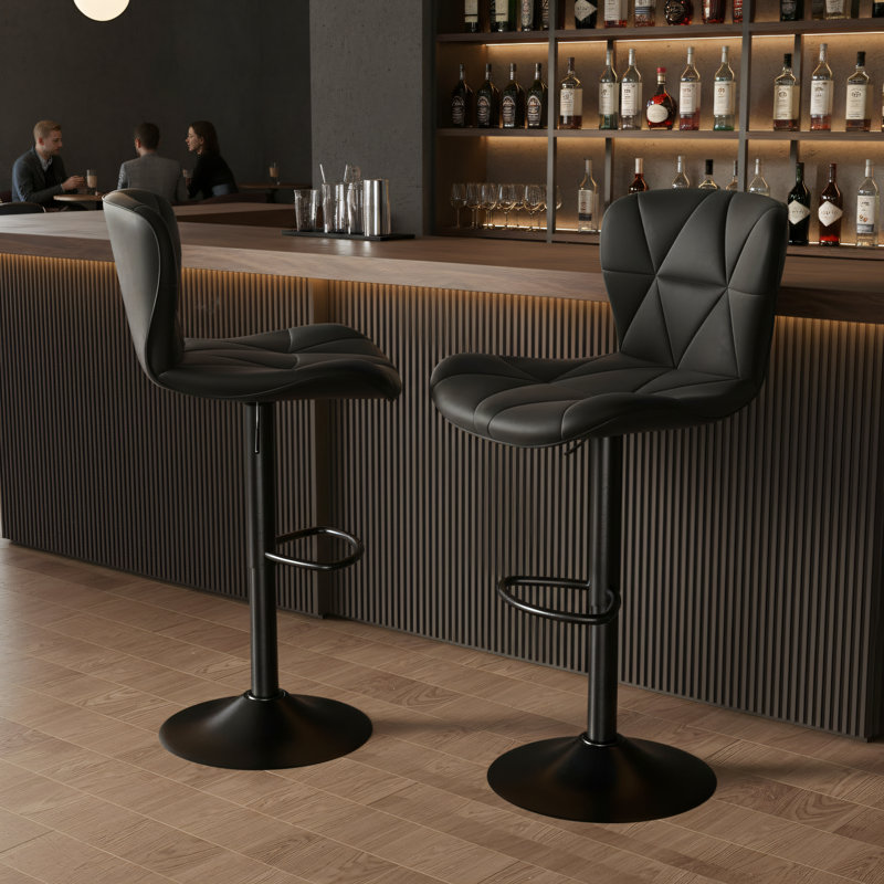 Kitchen Island Bar Stool Set (2 Pieces), Modern Black, Adjustable Swivel Backrest With Faux Leather Cushion., Black