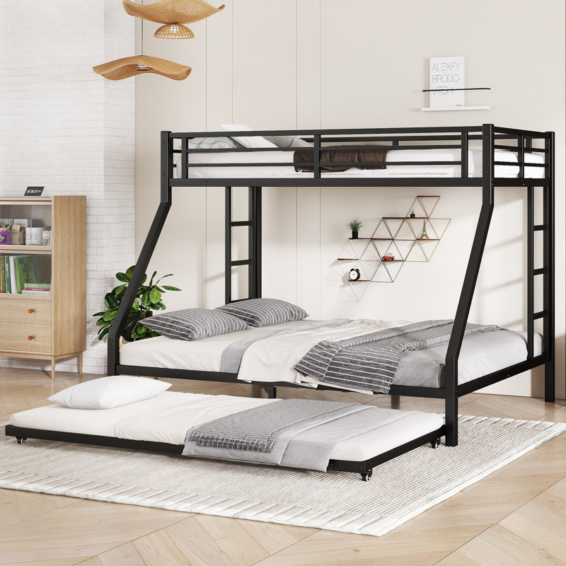 Twin XL Over Queen Metal Bunk Bed with Twin Trundle, Space-Saving, Black
