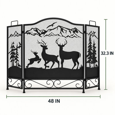 Pare-feu en fer forgé à 3 panneaux de 48 pouces avec motif de cerf et panneaux en maille pliables