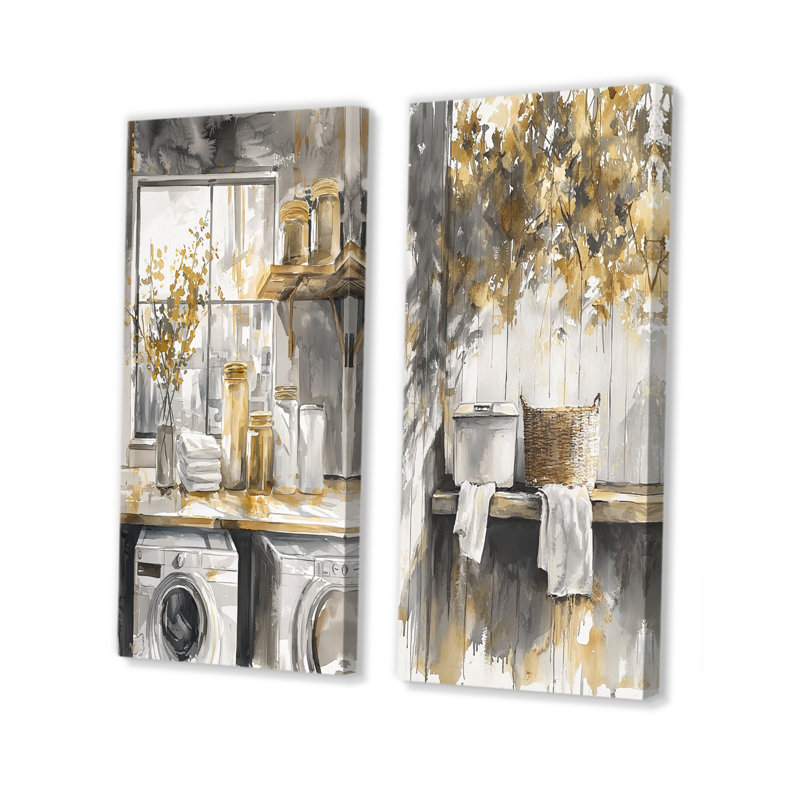 Blanchisserie dorée et grise au crépuscule I - ensemble de 2 pièces d'art mural, H 28 po x l 24 po, Toile tendue