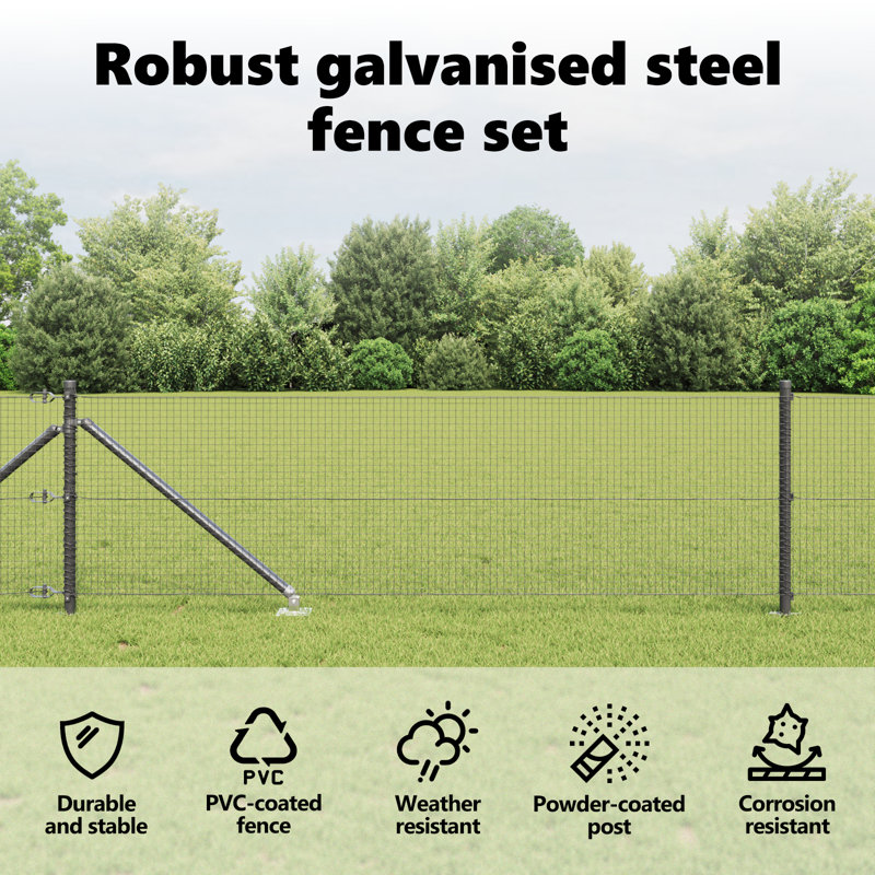 Vidaxl Fence With Posts Steel, Grey, 80cm H x 2500cm W x 3.2cm D