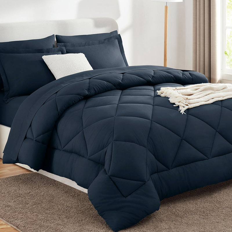 7-Piece Comforter Set, Microfiber, All Season Bed in a Bag – Navy, Queen, Queen Comforter + 6 Additional Pieces, Navy