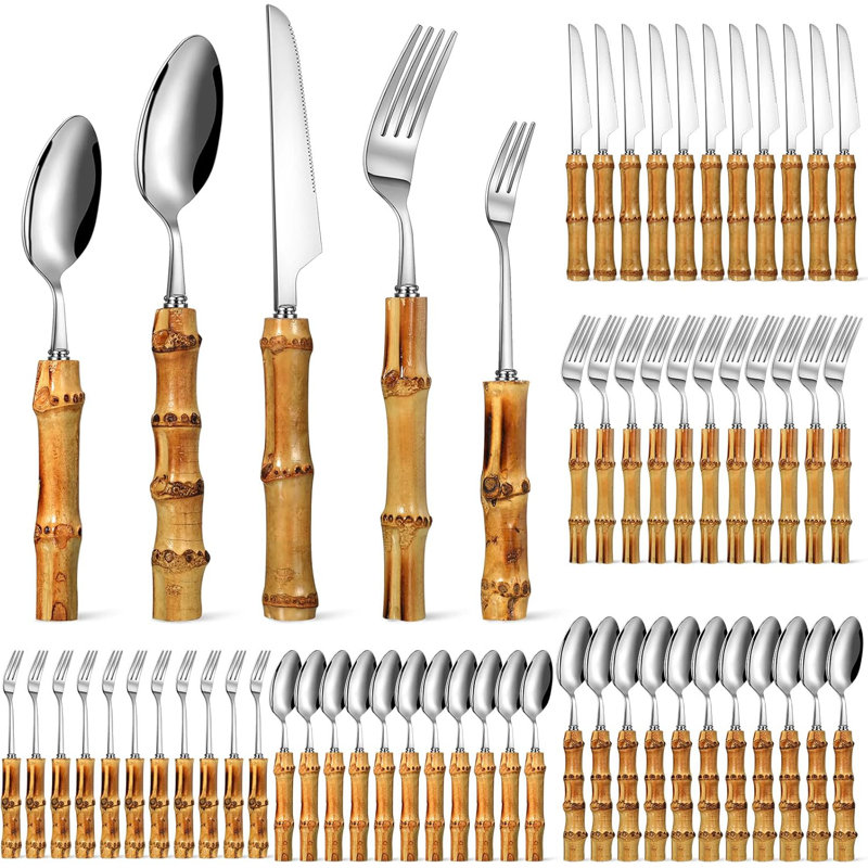 Ensemble de couverts en bambou, couverts en acier inoxydable 18/8 pour 12, couverts 60 pièces pour la cuisine