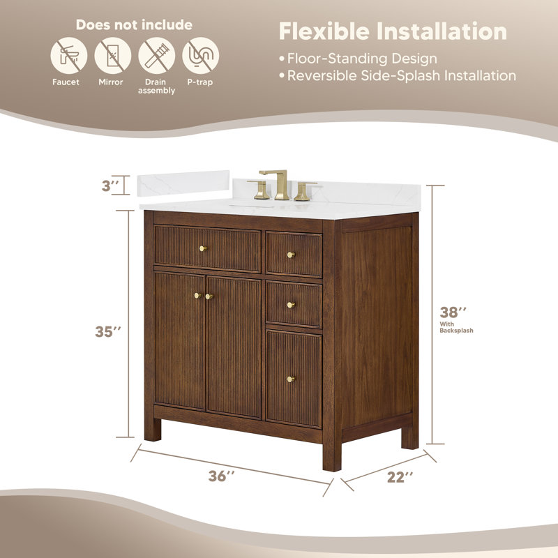 Pendry 36" Freestanding Single Bathroom Vanity with Top, Dark Walnut, Matte Black, White Cultured Marble